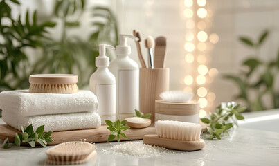 Fototapeta na wymiar mockup of plastic packaging and bottles with natural organic cosmetics on the bathroom light background