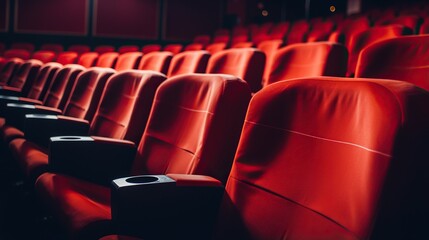 Obraz premium rows of red empty seats in a cinema hall. Modern cinema screen hall