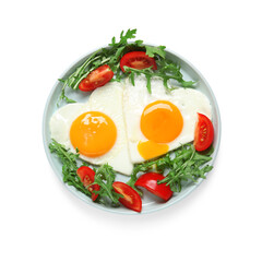 Plate with tasty fried eggs, tomatoes and arugula on white background