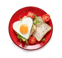 Fototapeta na wymiar Plate with tasty fried egg, toasts, tomatoes and arugula on white background