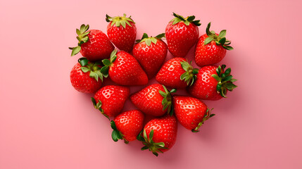 Valentine's day card or banner heart made of strawberries on a pink background with space for text