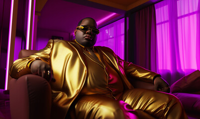 Man in Opulent Gold Outfit Lounging, Purple Neon Ambiance
