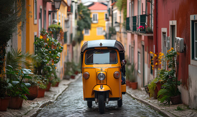Yellow auto-rickshaw driving through a narrow street in portugal