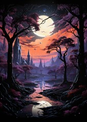 moon landscape dreamy fantasy mystery tarot illustration art tattoo poster card night