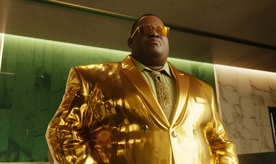 Vision of Opulence: Man in Lustrous Gold Suit with Green Tie, Chic Sunglasses and a Stately Stance