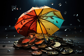 An artistic representation of a colorful umbrella shielding finances from economic storms, illustrating the importance of risk management and financial preparedness.  Generative Ai.