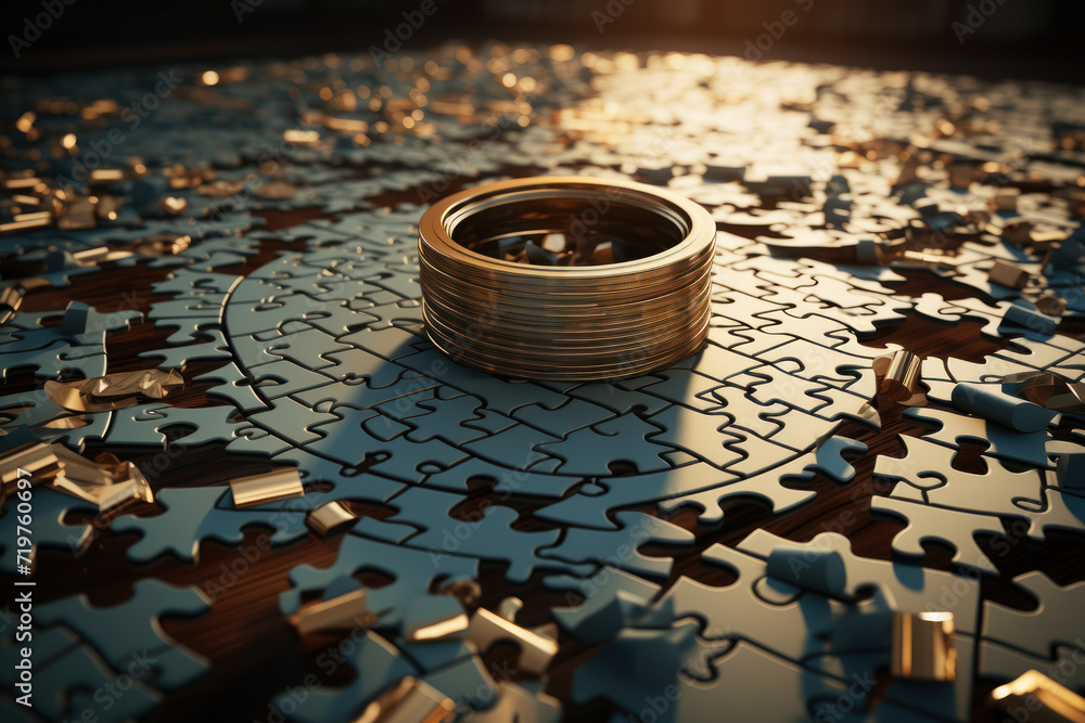 Poster an imaginative illustration of a financial puzzle coming together to form a picture of a secure futu