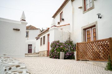 Fototapeta na wymiar Exterior of beautiful white two-storey houses in town. Typical empty street along white buildings in city. Wooden flower fence and residential buildings in Portugal city.