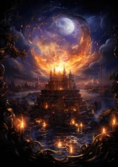 Outdoor-Kissen castle moon landscape dreamy fantasy mystery tarot illustration art tattoo poster card night © Wiktoria