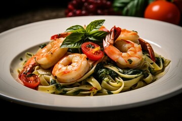 A delicious dish featuring shrimp, pasta, and a variety of fresh vegetables. Generative AI