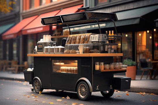 A visual of a mobile coffee cart with a banner promoting cryptocurrency payments, emphasizing the progressive adoption of alternative currencies in small-scale transactions. Generative Ai.
