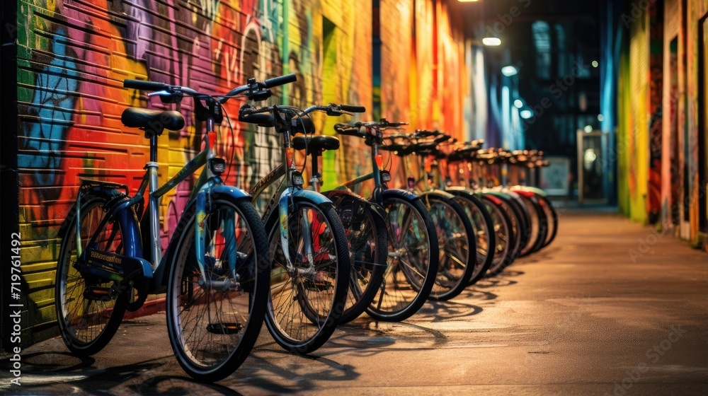 Poster a row of bicycles parked in front of a colorful wall. generative ai.