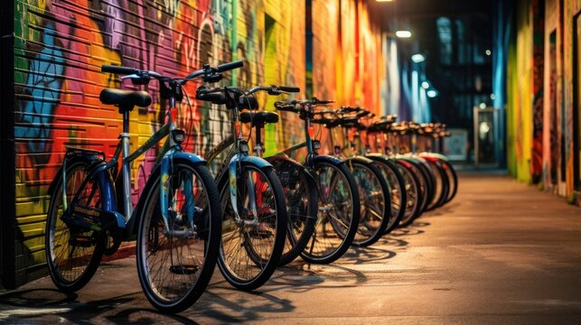 A row of bicycles parked in front of a colorful wall. Generative AI.