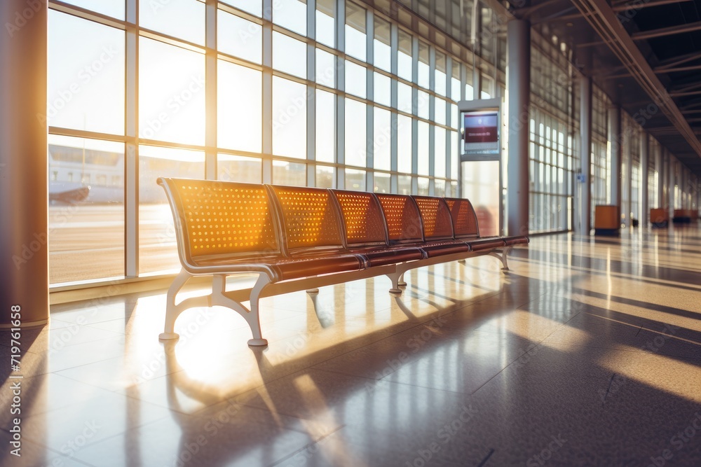 Poster a long row of empty seats in an airport. generative ai.