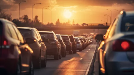 Zelfklevend Fotobehang Traffic jam on the highway at sunset. Generative AI. © serg3d