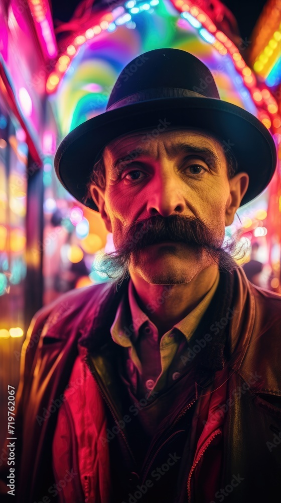 Poster a man with a mustache and hat in front of neon lights. generative ai.