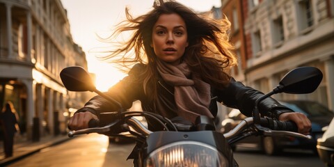 A woman riding a motorcycle on a city street. Generative AI.