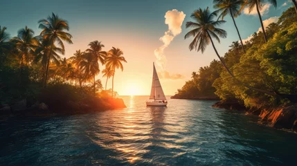 Deurstickers A sailboat in the ocean at sunset. Generative AI. © serg3d