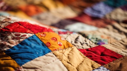 Closeup of a handstitched patchwork quilt made from ss of fabrics, promoting its sustainable and oneofakind nature. - obrazy, fototapety, plakaty