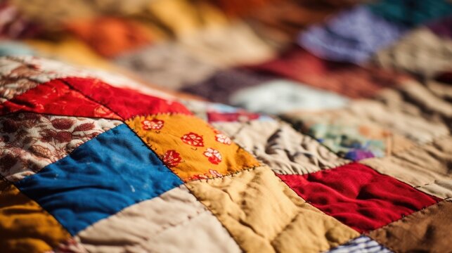 Closeup of a handstitched patchwork quilt made from ss of fabrics, promoting its sustainable and oneofakind nature.