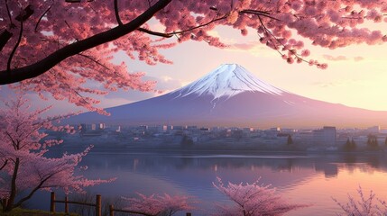 japan zen landscape panorama view photography Sakura flowers pagoda peace silence tower wall - obrazy, fototapety, plakaty