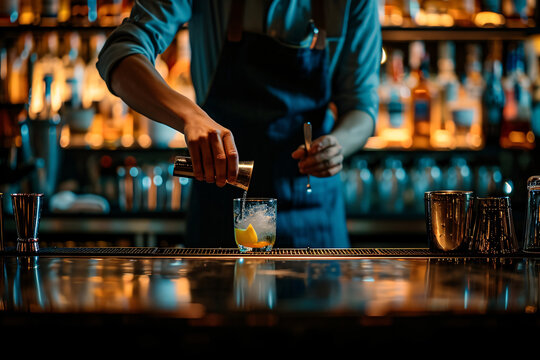 A bartender pouring a drink. nightlife concept in a bar.