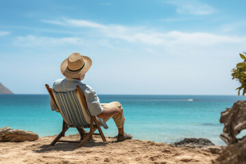 A retiree enjoying a serene moment by the beach, symbolizing the fulfillment and relaxation that comes with reaching the milestone of retirement. Generative Ai.