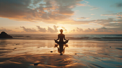Obraz premium A young girl meditating on the beach at sunset. Concept of mental health.