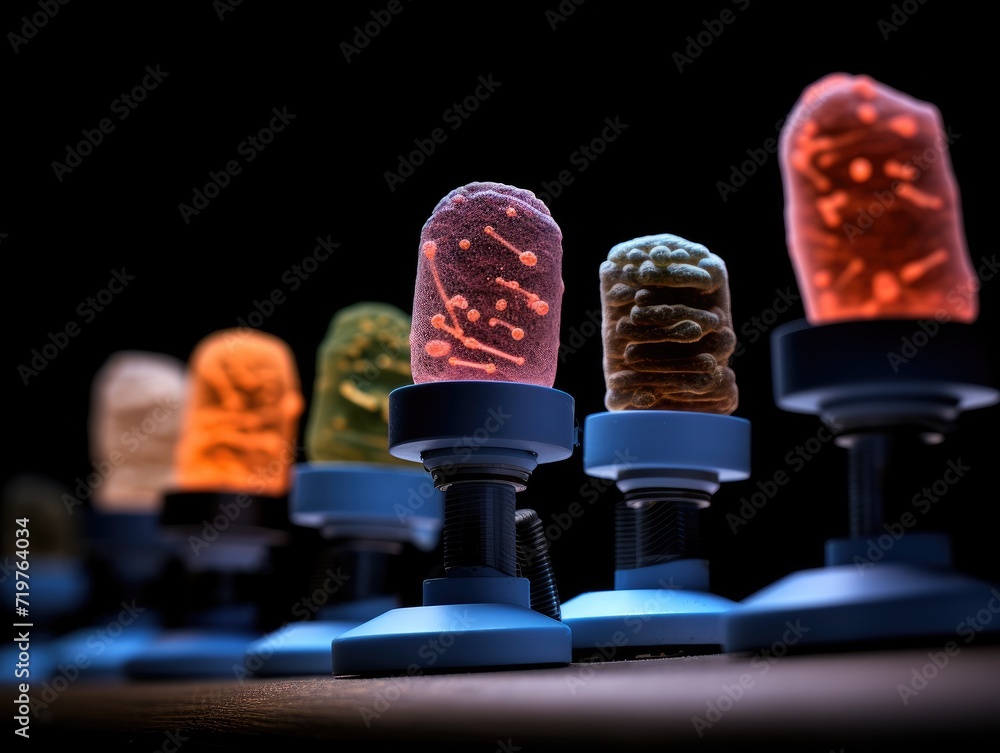 Poster a row of colorful plastic tubes with different colored lights. generative ai.