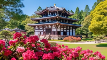 japan zen temple todai landscape panorama view photography Sakura flowers pagoda peace silence - obrazy, fototapety, plakaty