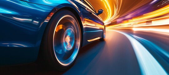 car driving in motion, blue car on high speed . Blue car rushing along a high-speed highway.banner - obrazy, fototapety, plakaty