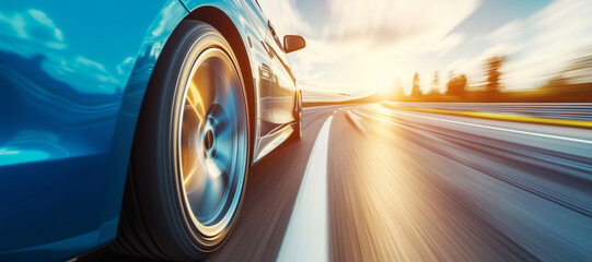 car driving in motion, blue car on high speed . Blue car rushing along a high-speed highway.banner