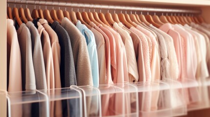 Closeup of a sectioned hanging closet organizer with different compartments for sweaters, longsleeve shirts, and dresses.