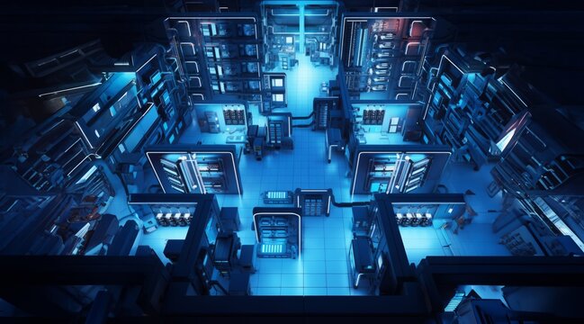 Captured from above, the server room presents a digital landscape of technology, showcasing the interconnected web of data processing and information storage.Generated image