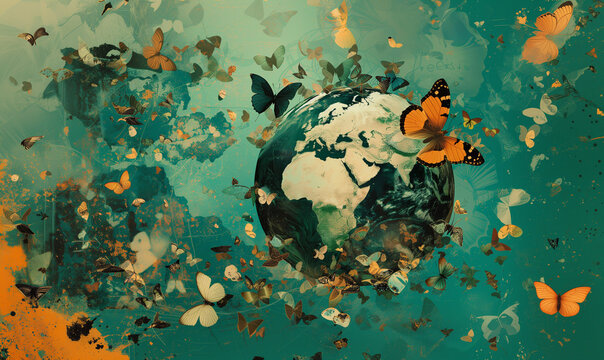 Digital photocollage of butterflies flying around the earth