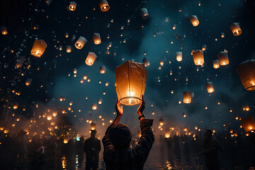 A close-up of hands releasing paper lanterns into the night, creating a mesmerizing display of floating lights to welcome the New Year. Generative Ai.