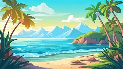 Fototapeta na wymiar cartoon illustration tropical beach swith palm trees, calm waters, and distant mountain