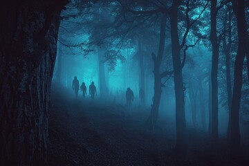 A haunted forest with eerie lighting and silhouettes of creepy creatures