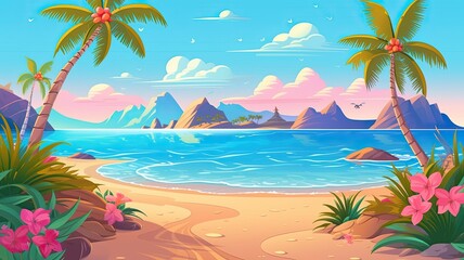 Fototapeta na wymiar cartoon illustration tropical beach swith palm trees, calm waters, and distant mountain