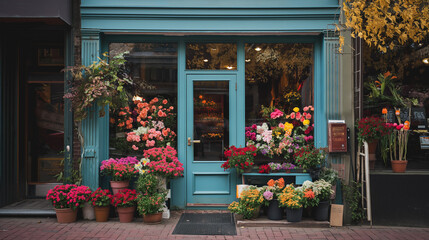 Flowers on the street in front of a flower shop in an old European town. Blurred background. Abstract flowers. The comfort of the old town on a summer day.