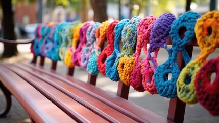 Closeup of a public bench decorated with colorful yarn and crochet, a collaboration between local artists and residents.