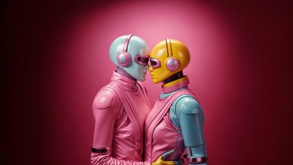 robot love, a colorful android couple hug each other passionately - 719765834