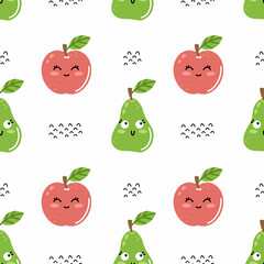 Funny cute happy fruits with smile on their face. Endless seamless pattern for printing on fabric and wrapping paper. Wallpaper for baby room.