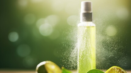 Closeup of a spray bottle of a refreshing and hydrating facial mist - obrazy, fototapety, plakaty