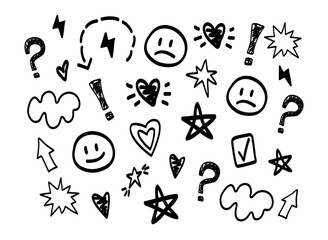 Underline, outline, drawn, smileys, stars, fireworks, hearts, dotted line, arrows, question mark, exclamation mark, lightning. Background. Set of elements from Zig zag, commas. Phrases, emphasis.