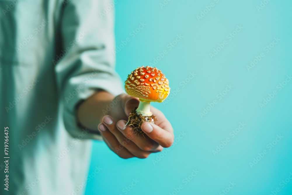 Poster mushroom in hand. backdrop with selective focus and copy space