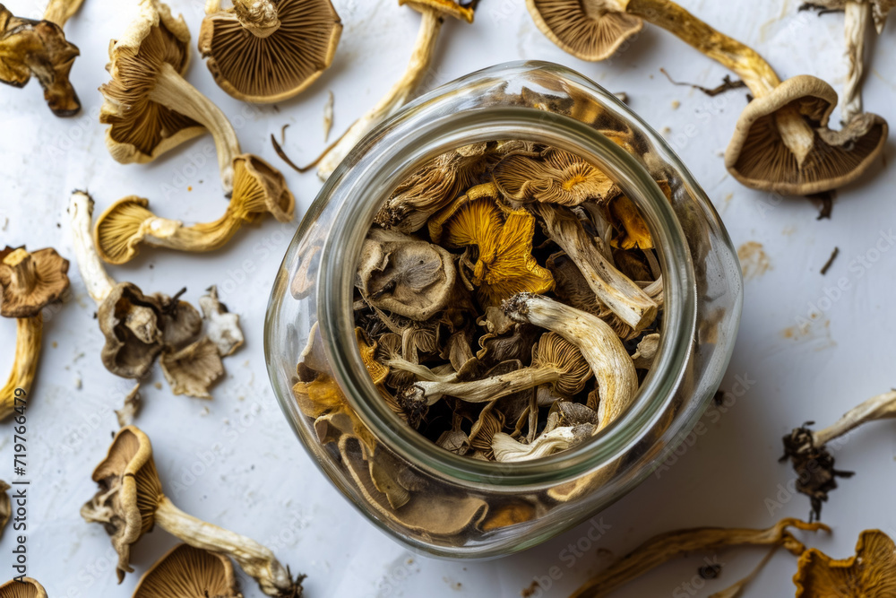 Poster jar for storing dried mushrooms. backdrop with selective focus and copy space