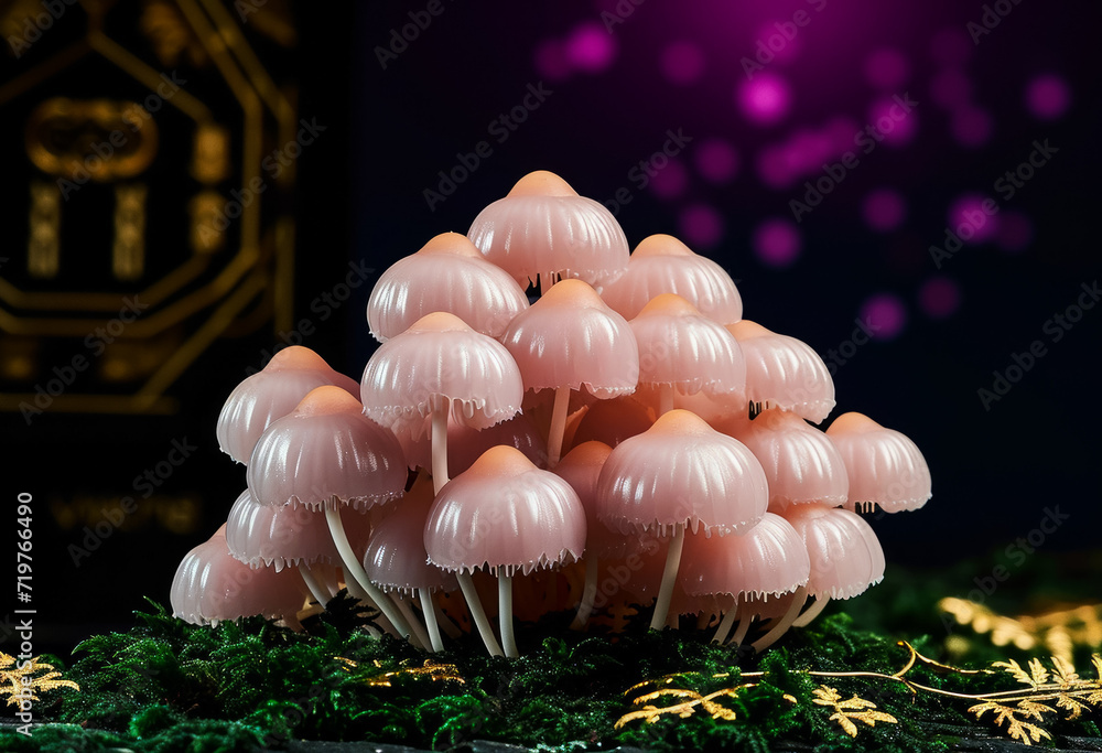 Poster mushrooms in the forest. backdrop with selective focus and copy space