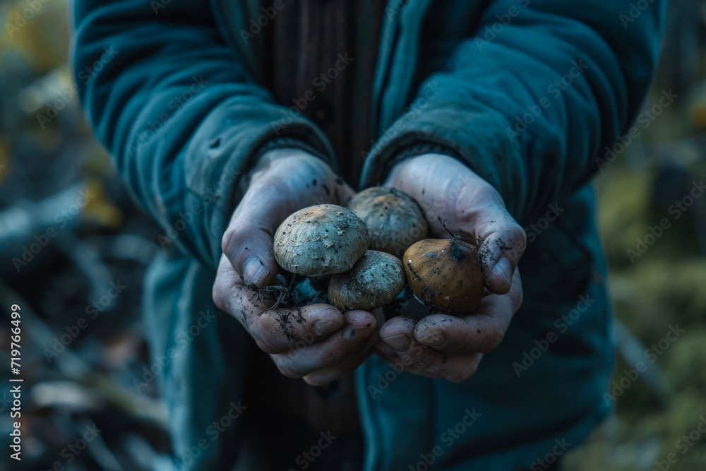 Poster mushrooms in hands close-up. backdrop with selective focus and copy space