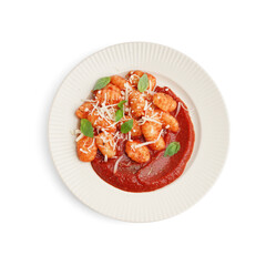 Plate of tasty gnocchi with tomato sauce and cheese on white background